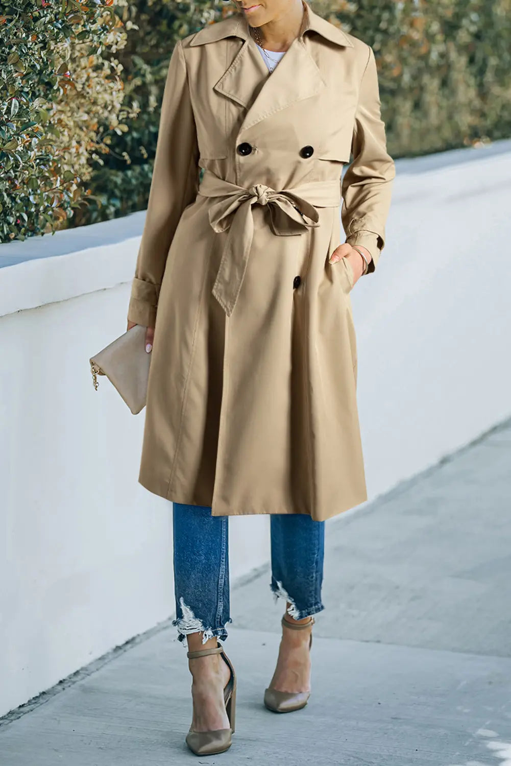 Pale Khaki Solid Color Lapel Collar Waist Tie Wind Coat Dear-Lover Dropshipping