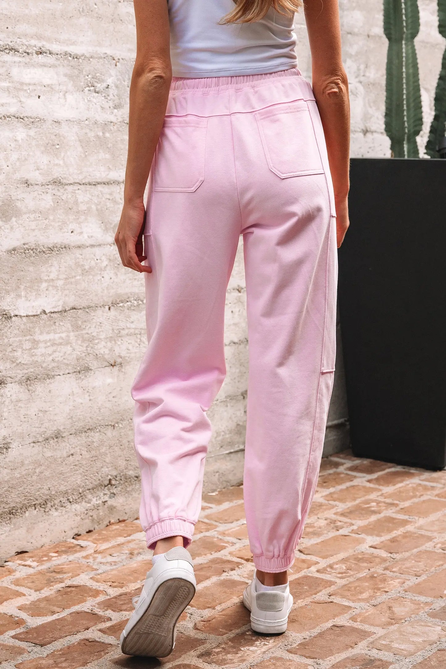 Light Pink Drawstring Elastic Waistband Solid Color Jogger Pants Dear-Lover Dropshipping