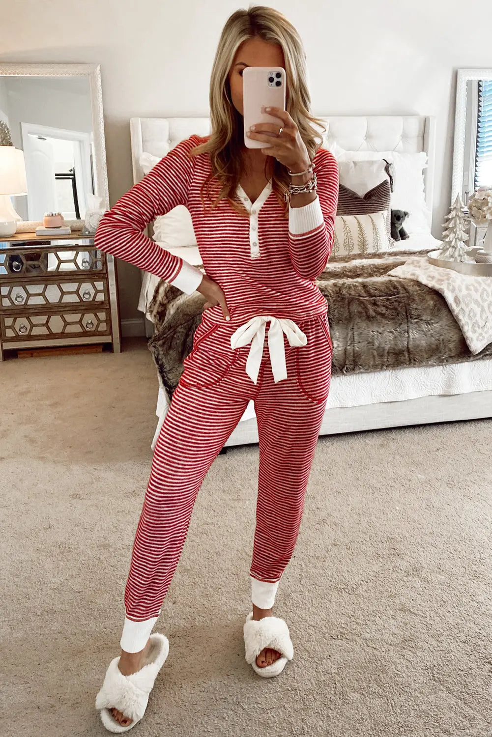 Red Stripe Buttoned V Neck Top and Knotted Waist Pants Lounge Set Dear-Lover Dropshipping
