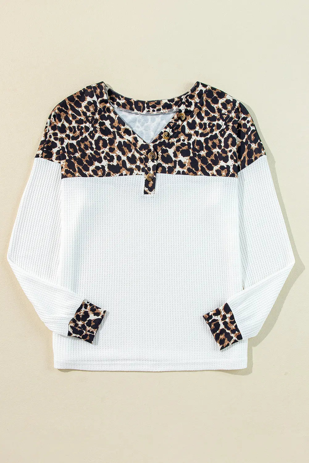 White Leopard Waffle Knit Patchwork Button V Neck Top Dear-Lover Dropshipping
