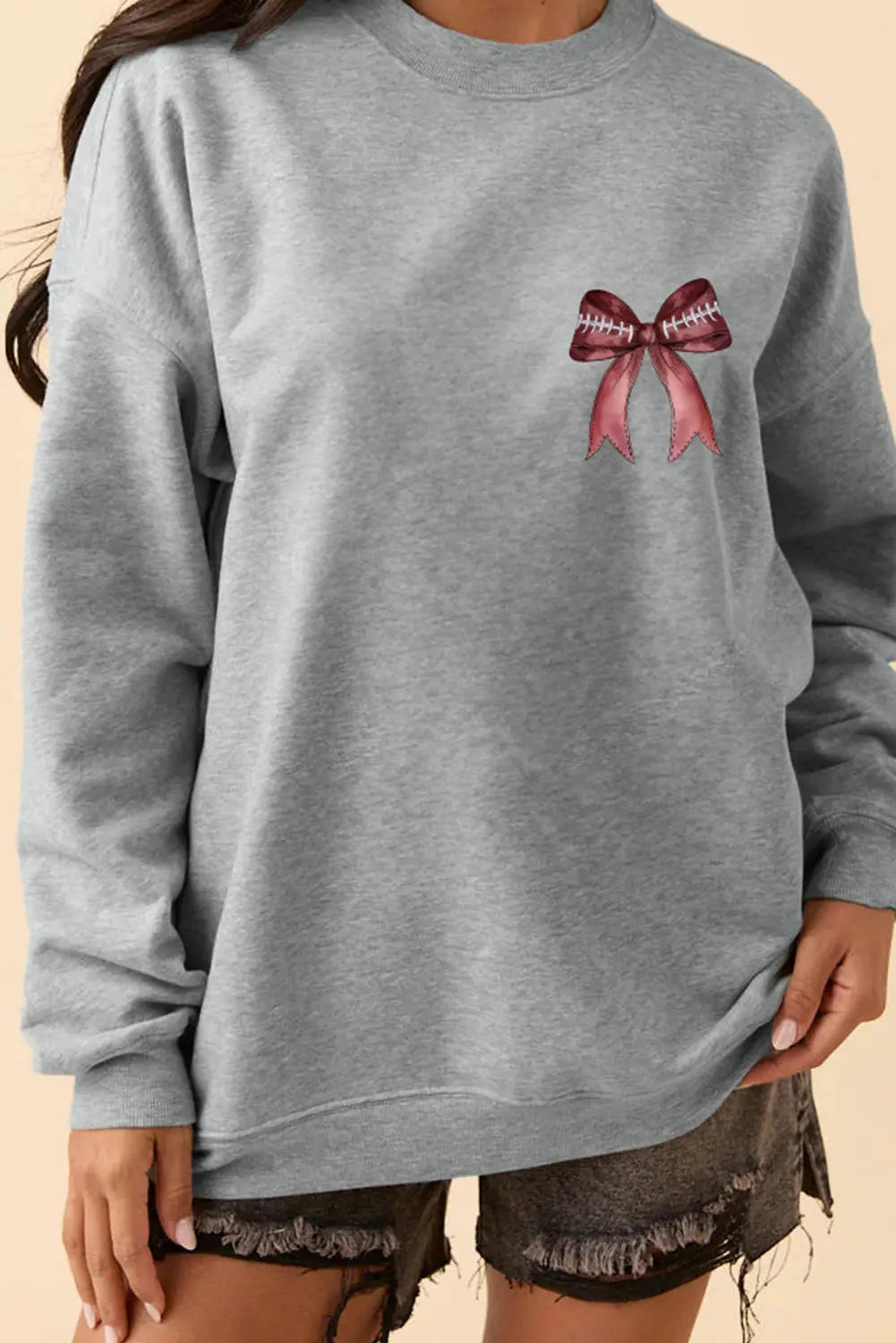 Gray Football Bow Print Drop Shoulder Pullover Sweatshirt Dear-Lover Dropshipping