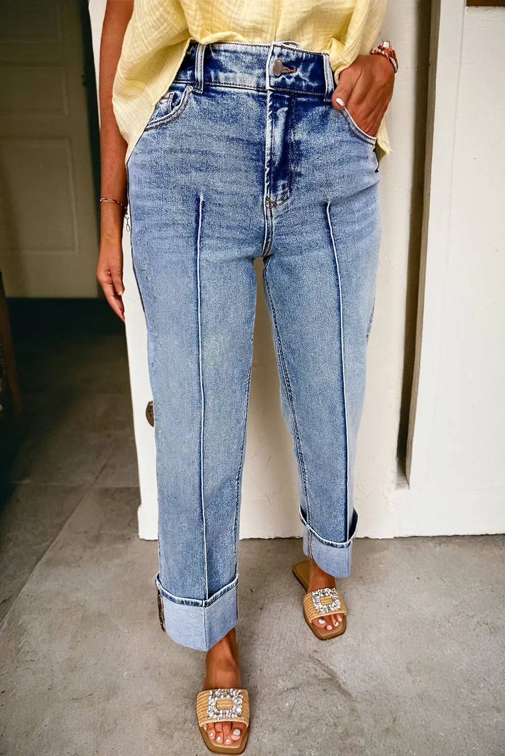 Myosotis Center Seam Cuffed Hem Straight High Waist Jeans Dear-Lover Dropshipping