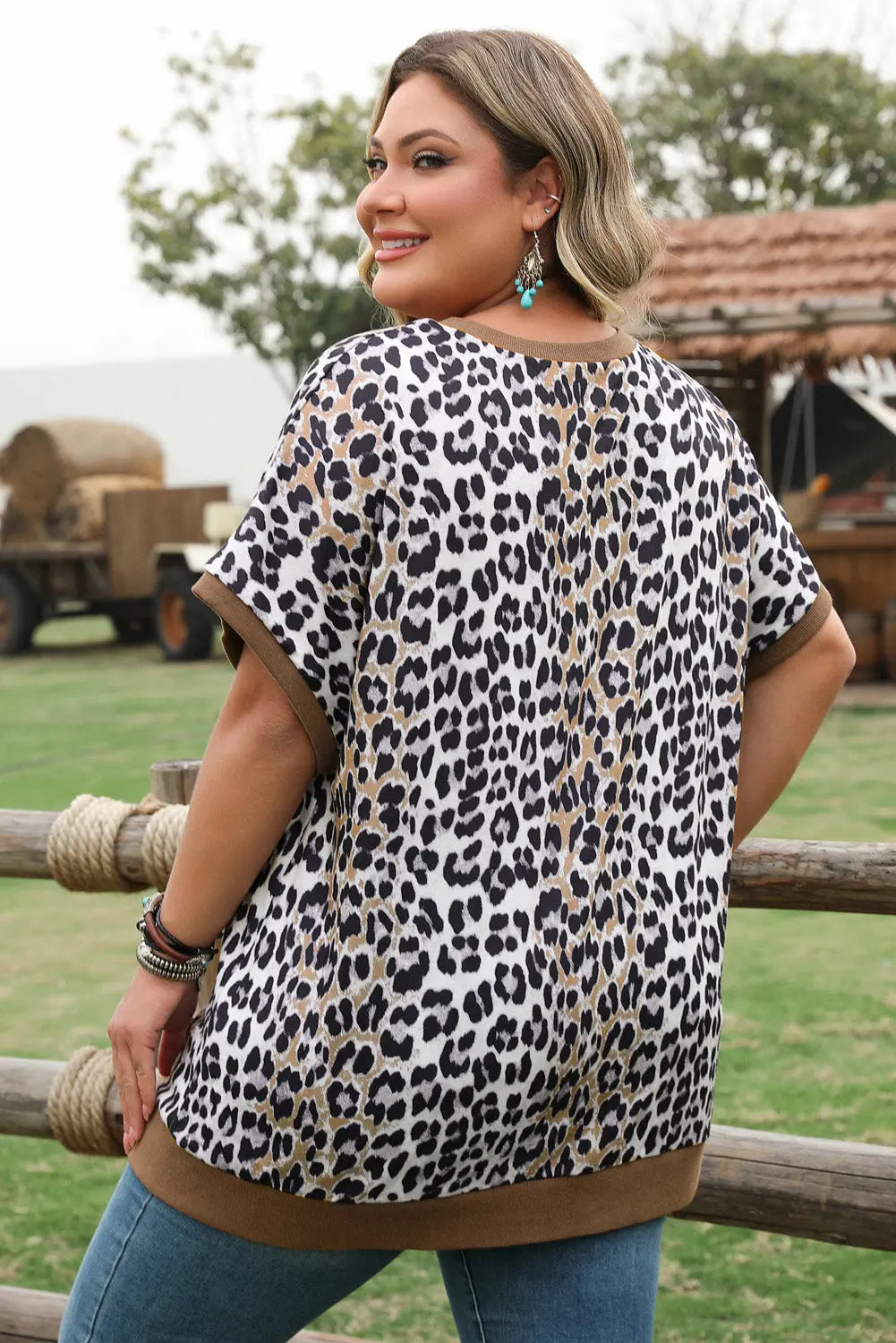 Khaki Leopard Contrast Trim Short Sleeve Loose Plus Size Top Dear-Lover Dropshipping