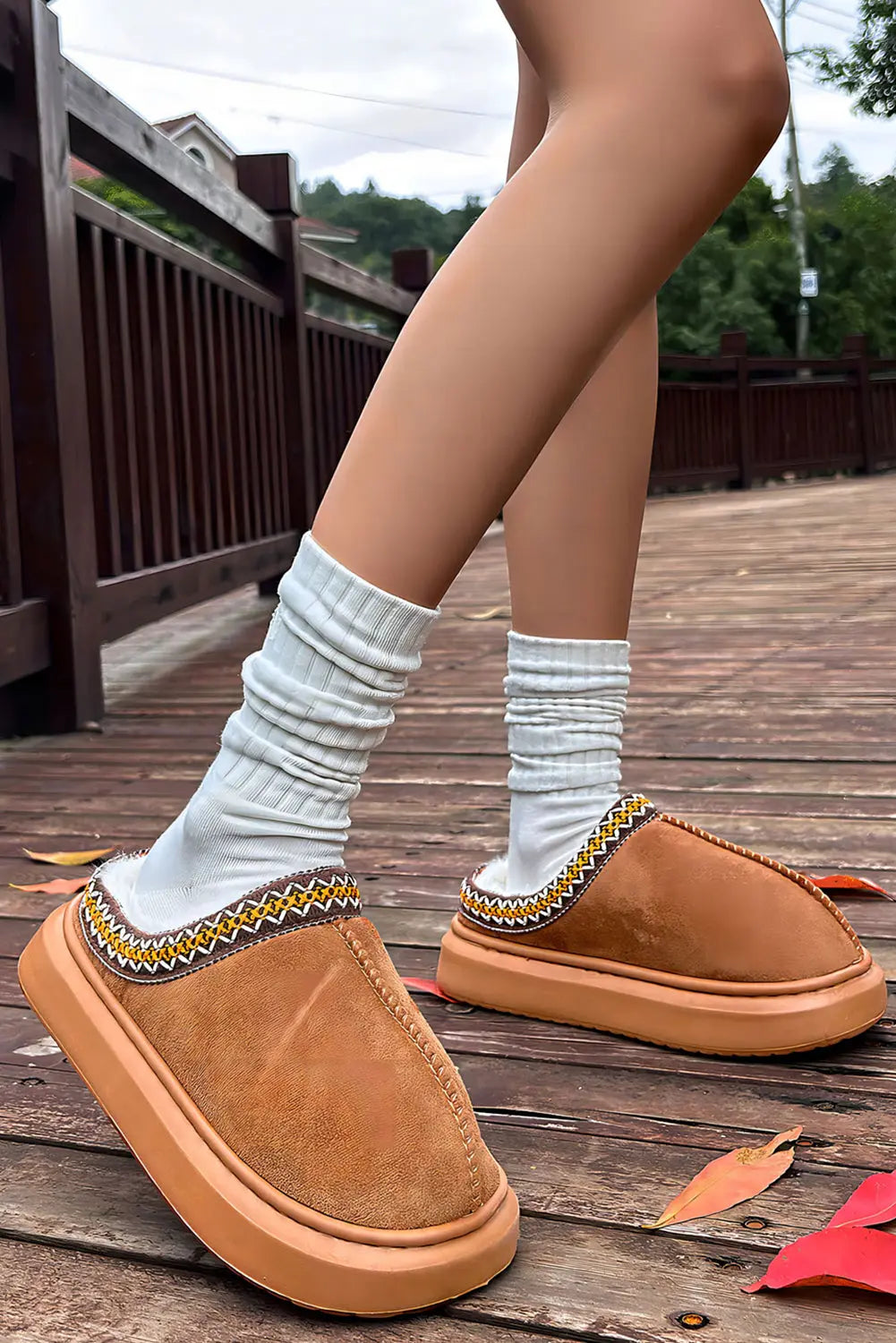 Chestnut Contrast Edge Suede Plush Lined Thick Sole Winter Slippers Dear-Lover Dropshipping