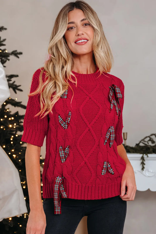 Fiery Red Plaid Lace up Detail Christmas Holiday Puff Short Sleeve Sweater Dear-Lover Dropshipping