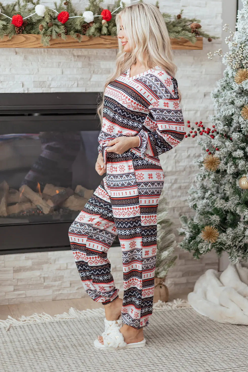 Black Retro Christmas Pattern Loose Pullover 2pcs Lounge Pant Set Dear-Lover Dropshipping