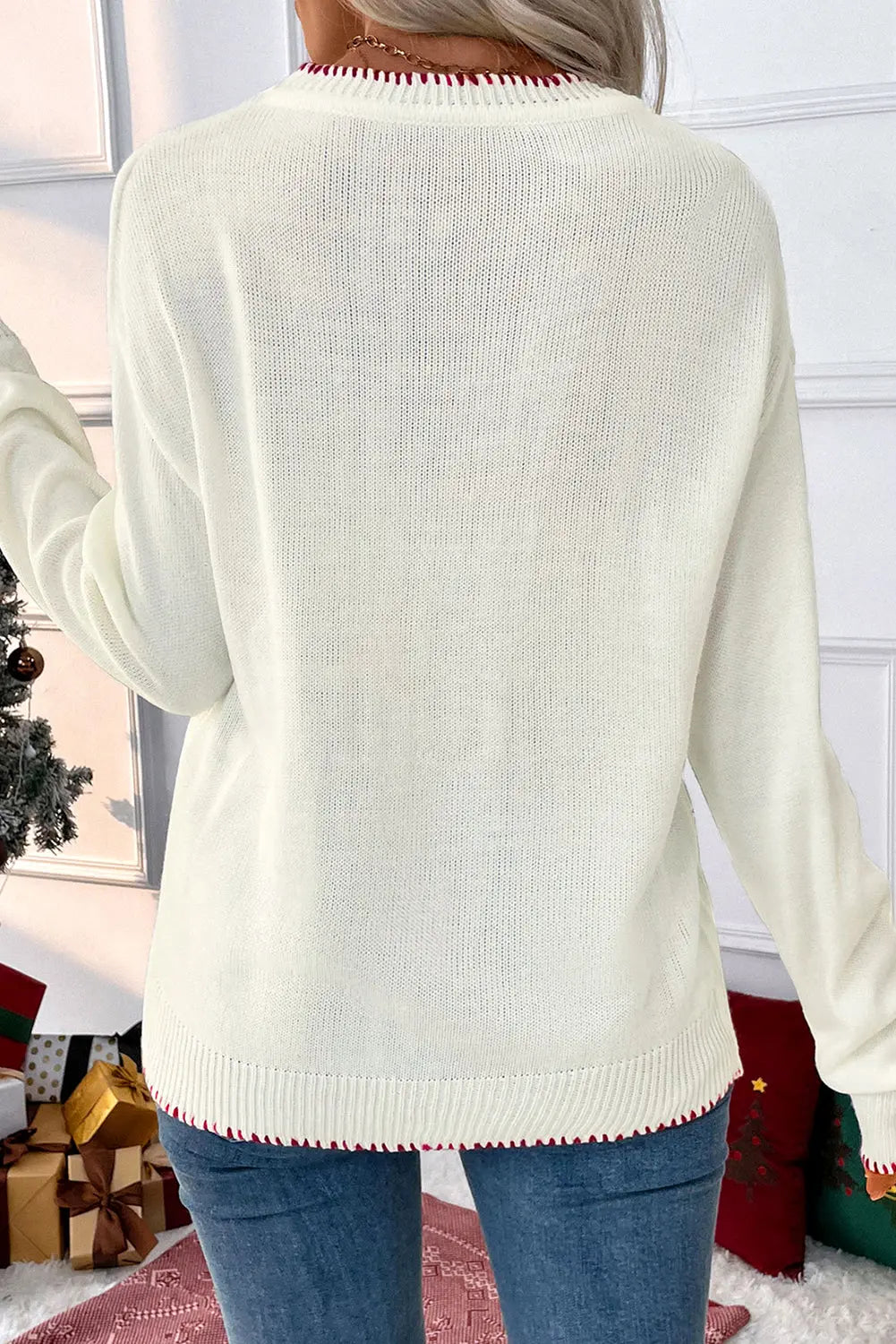 White Bow Pattern Contrast Trim Christmas Loose Graphic Sweater Dear-Lover Dropshipping