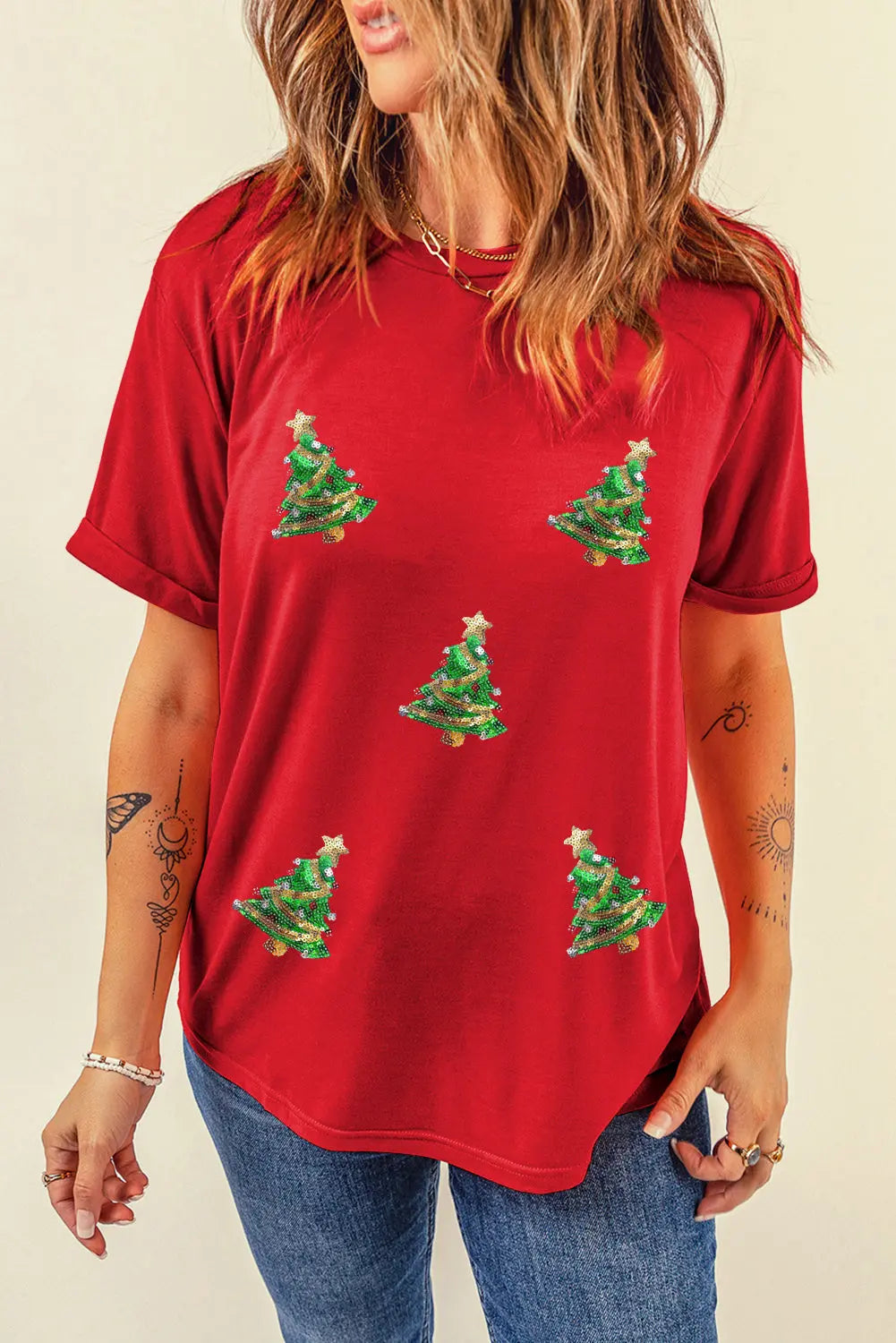 Red Sequined Christmas Tree Graphic Crewneck T Shirt Dear-Lover Dropshipping