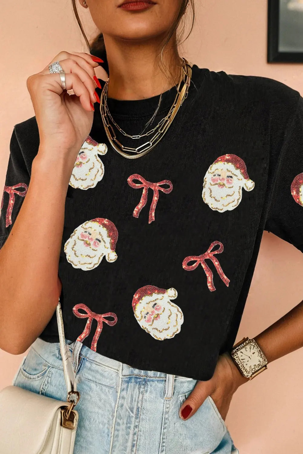 Black Sequin Christmas Bow Santa Claus Patched T Shirt Dear-Lover Dropshipping