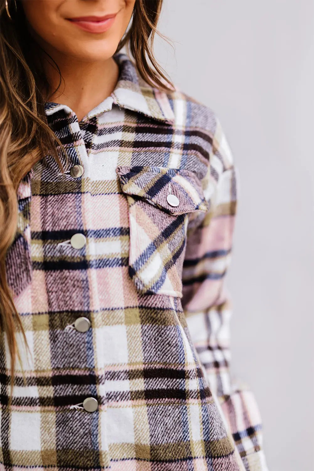 Pink Geometric Plaid Print Pocketed Shacket Dear-Lover Dropshipping