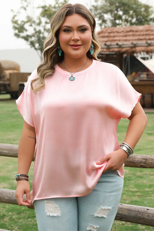 Pink Metallic Gloss Short Batwing Sleeve Plus Size Top Dear-Lover Dropshipping