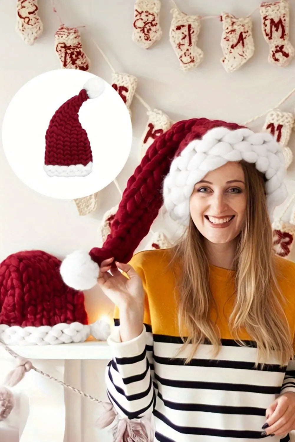 Red Dahlia Color Block Pom Pom Decor Chunky Knitted Christmas Hat Dear-Lover Dropshipping