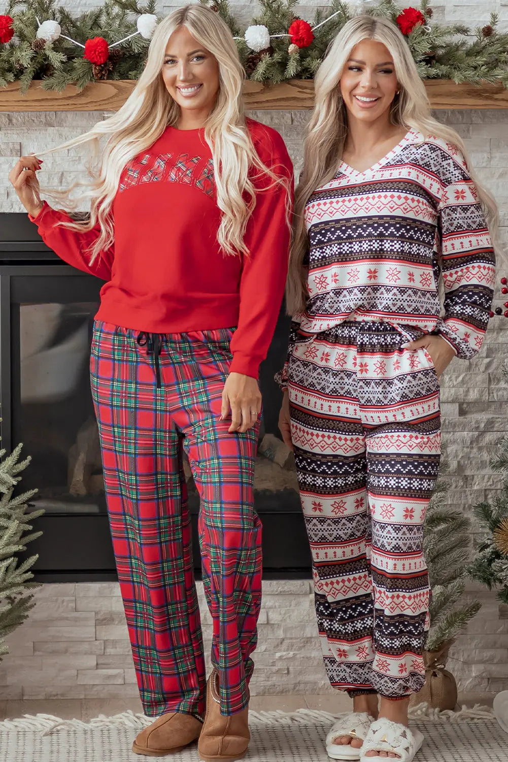 Red Plaid Mama Graphic Christmas Holiday Crewneck Pullover and Pants Two Piece Lounge Set Dear-Lover Dropshipping