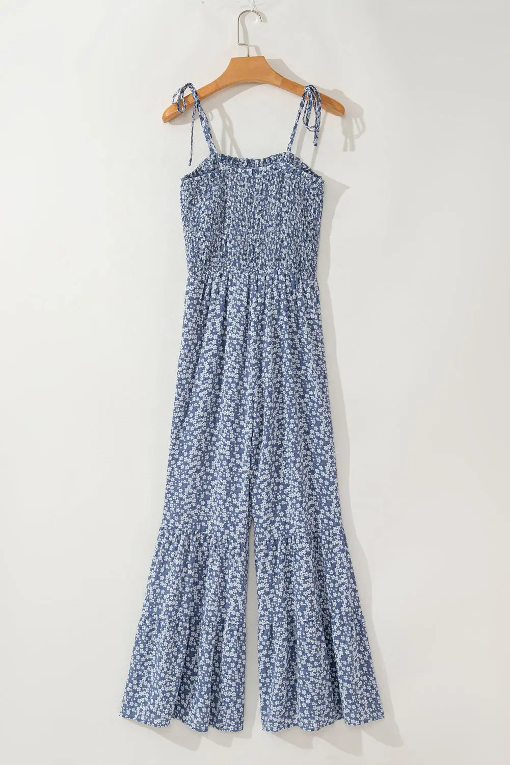 Dusk Blue Thin Straps Smocked Bodice Wide Leg Floral Jumpsuit Dear-Lover Dropshipping