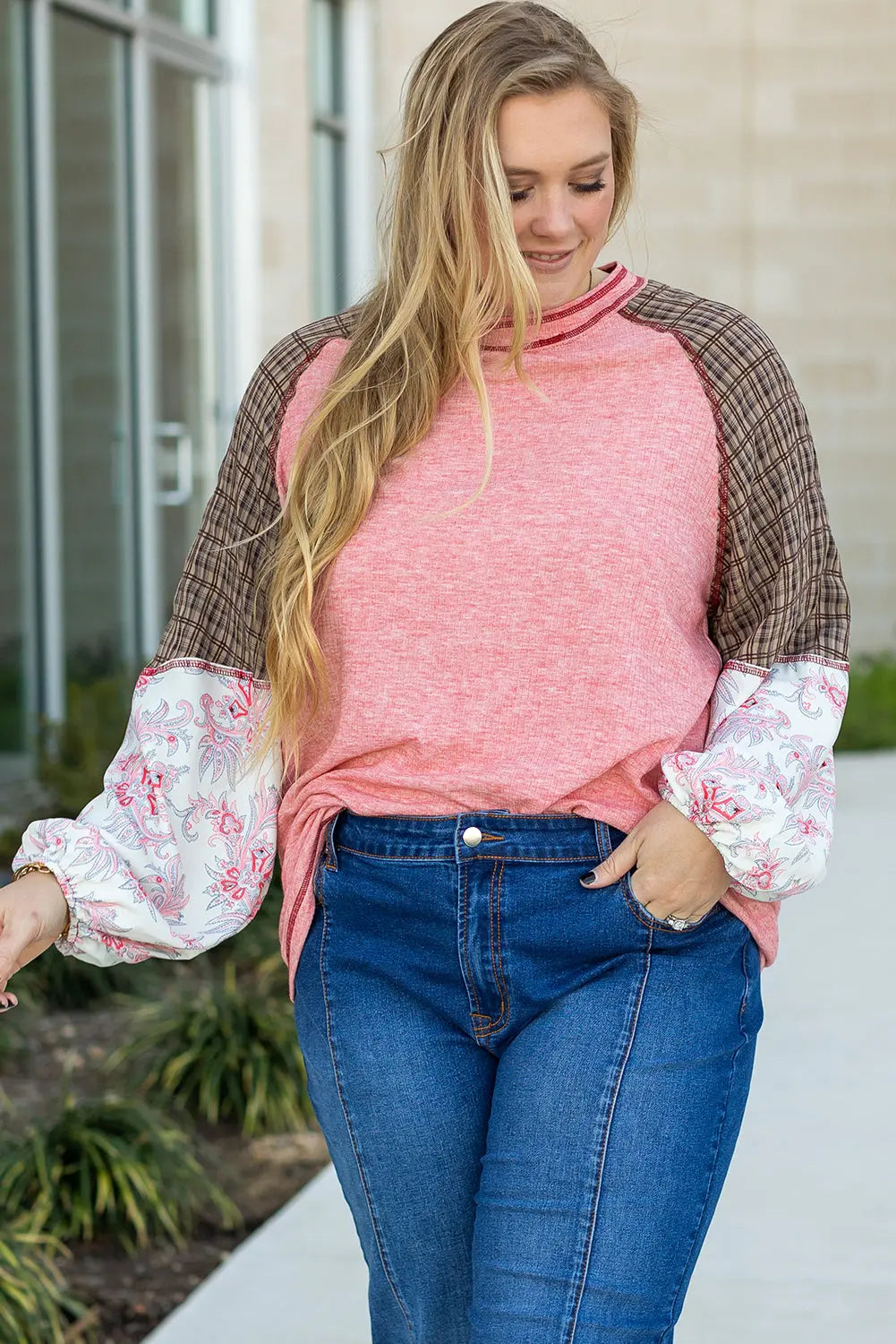 Pink Checkered Paisley Patchwork Raglan Sleeve Seamed Plus Size Top Dear-Lover Dropshipping