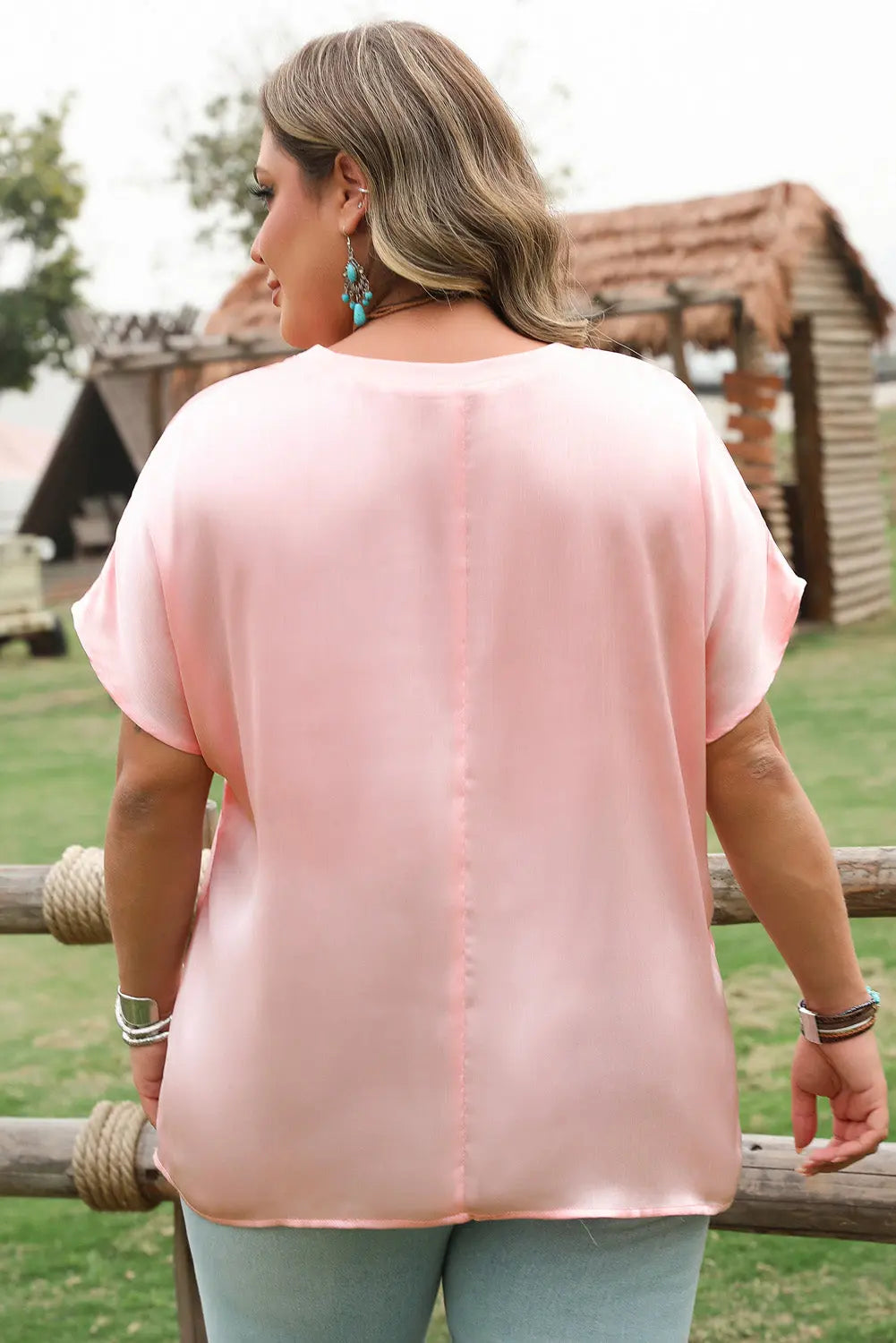 Pink Metallic Gloss Short Batwing Sleeve Plus Size Top Dear-Lover Dropshipping