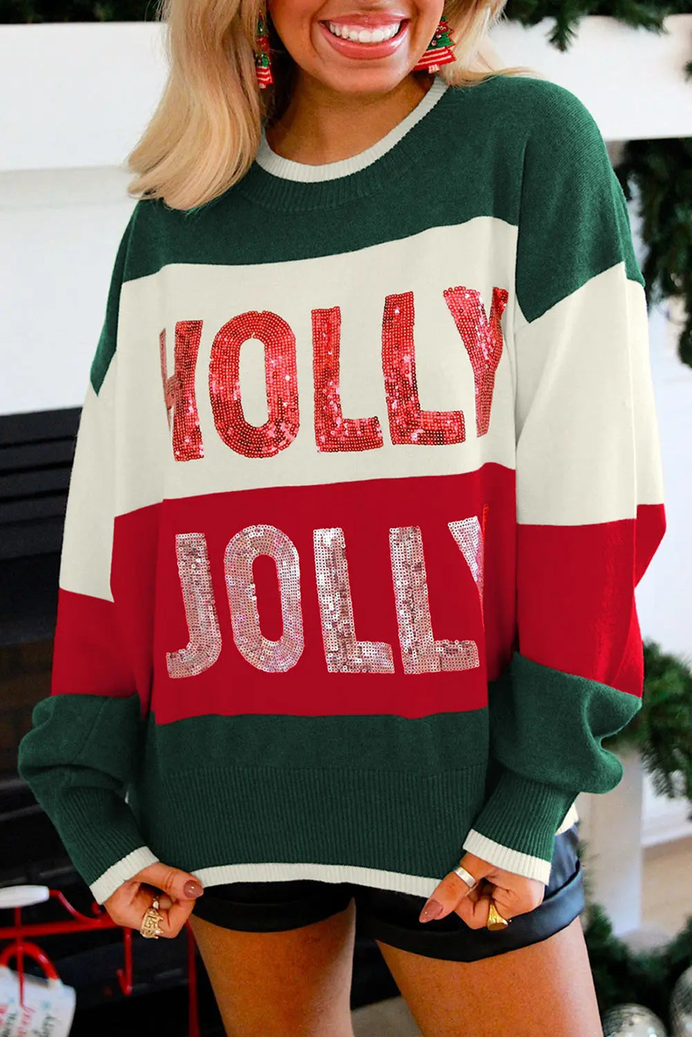 Green Sequined HOLLY JOLLY Color Block Crew Neck Sweater Dear-Lover Dropshipping