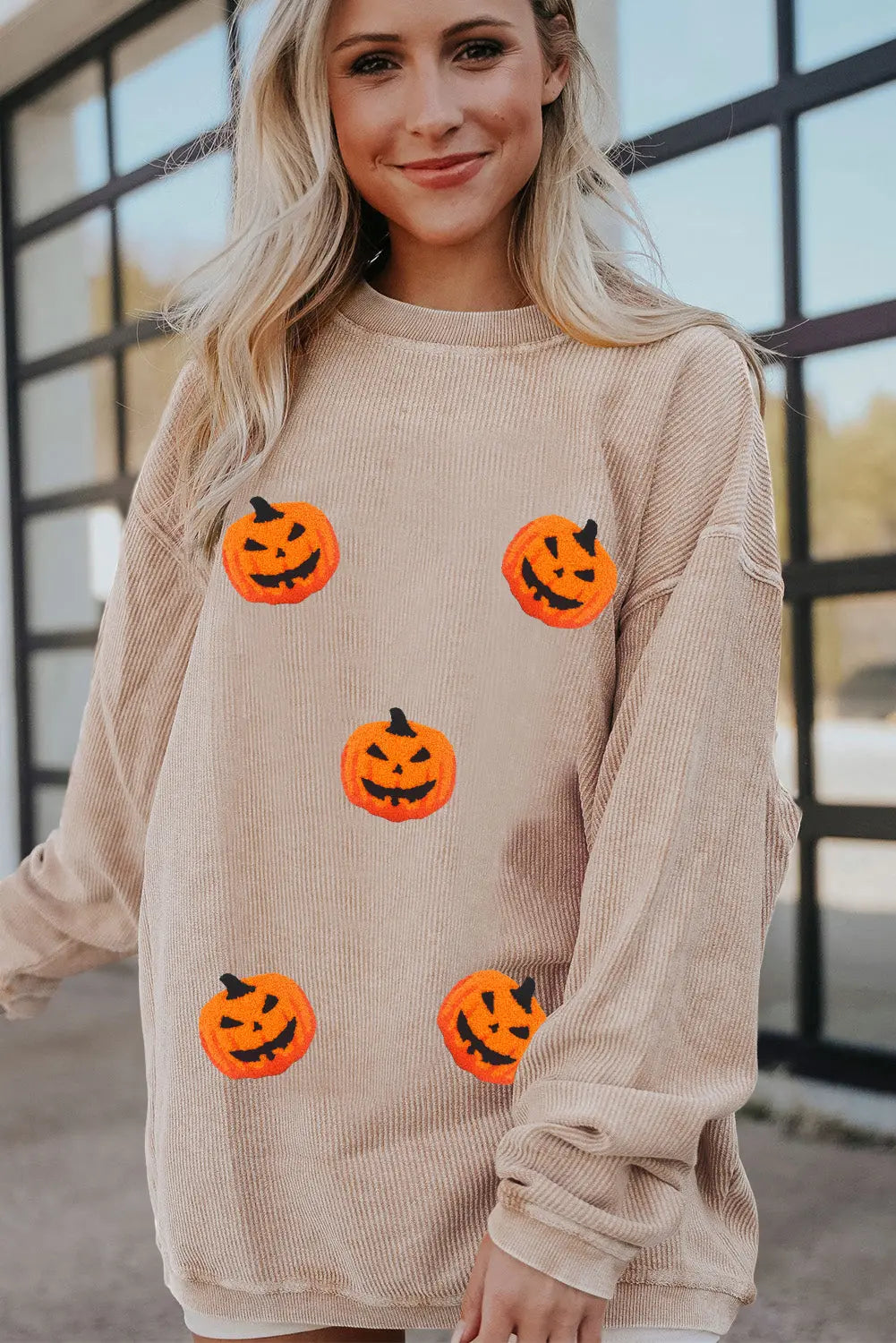 Apricot Twisted Rib Texture Chenille Halloween Pumpkin Patched Drop Shoulder Sweatshirt Dear-Lover Dropshipping