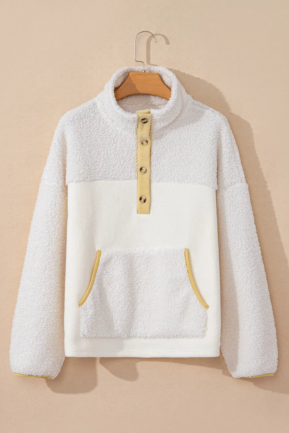 Beige Fleece Colorblock Trim Buttons Collar Sweatshirt with Pocket Dear-Lover Dropshipping