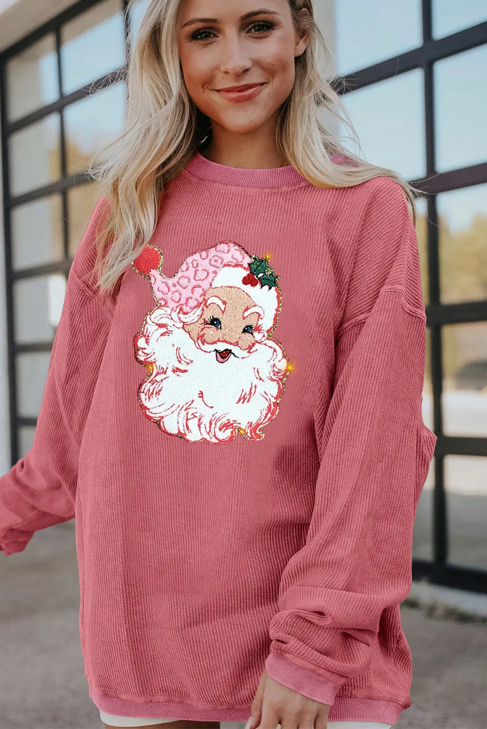 Strawberry Pink Santa Claus Sparkle Corded Crew Neck Sweatshirt Dear-Lover Dropshipping