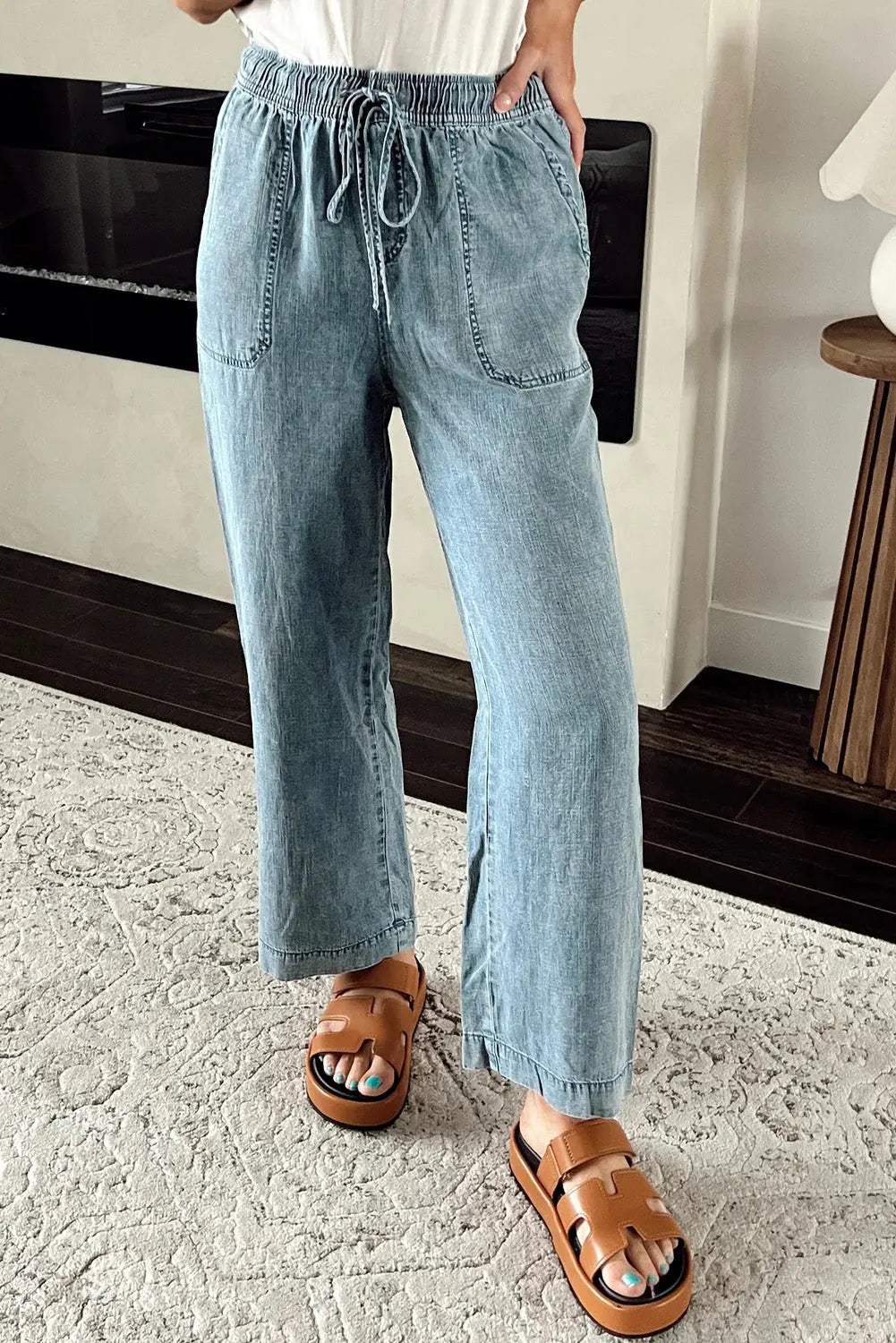 Myosotis Mineral Wash Drawstring Elastic Waistband Loose Straight Denim Pants Dear-Lover Dropshipping