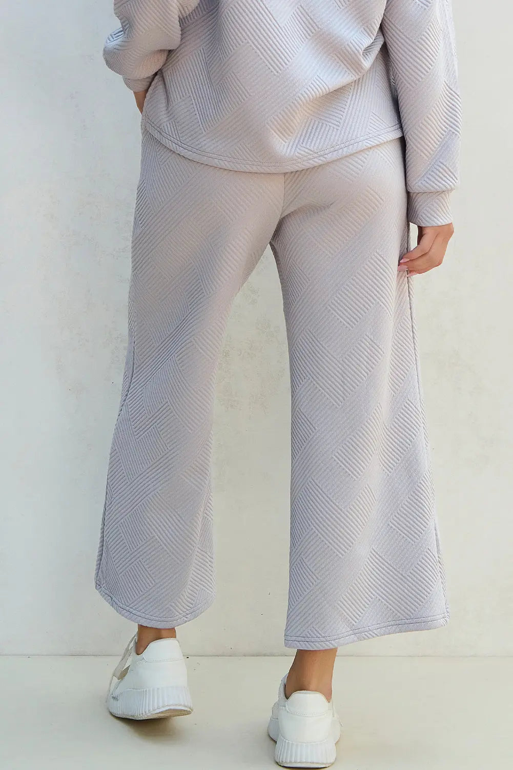 Light Grey Solid Textured Collared V Neck Top and Wide Leg Pants Set Dear-Lover Dropshipping