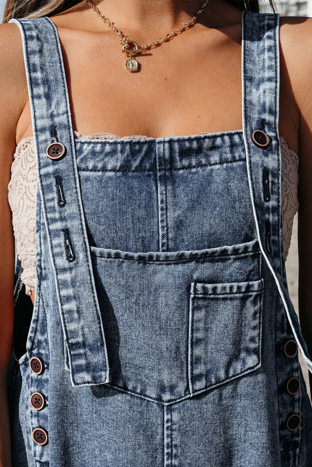 Stone Blue Distressed Bib Pocket Wide Leg Denim Overall Dear-Lover Dropshipping