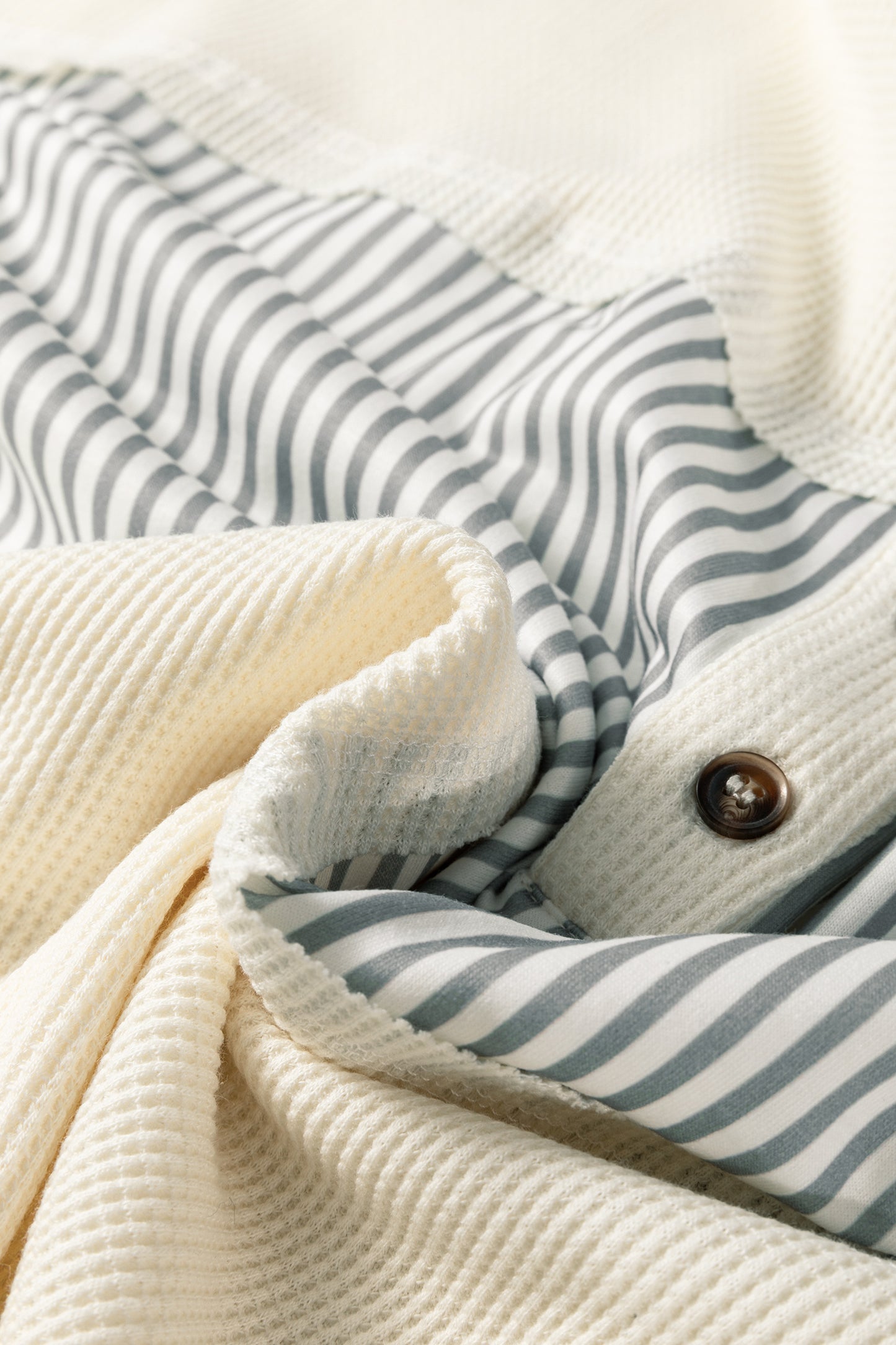 White Waffle Printed Patchwork Drawstring Hooded Long Sleeve Top