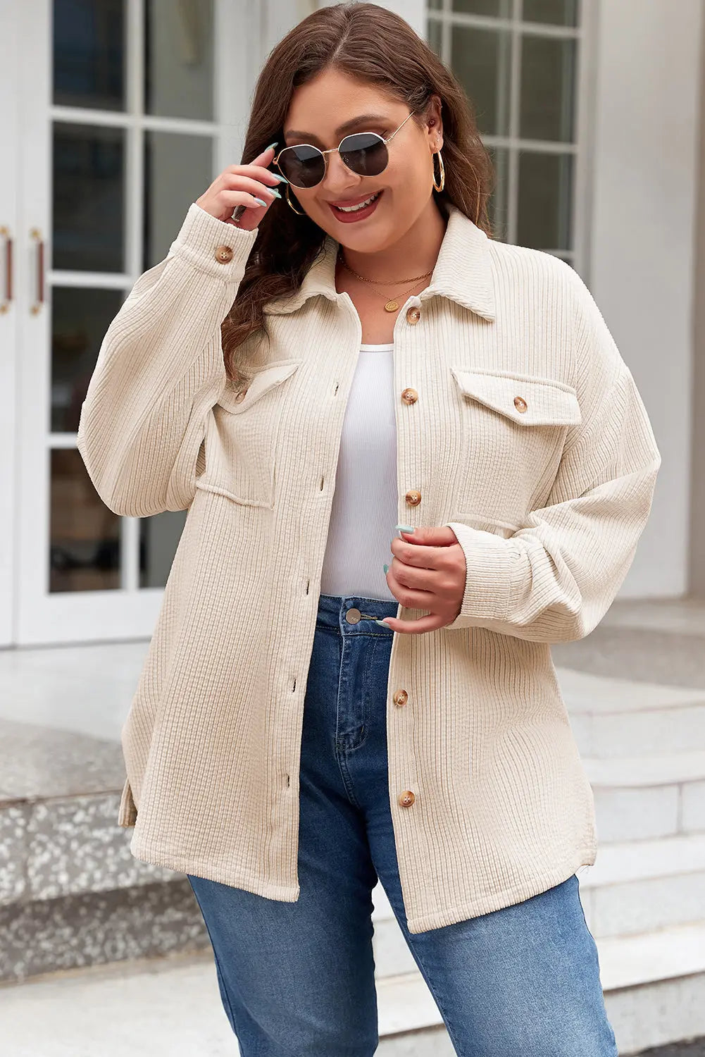 Oatmeal Textured Flap Pockets Buttoned Plus Size Shacket Dear-Lover Dropshipping