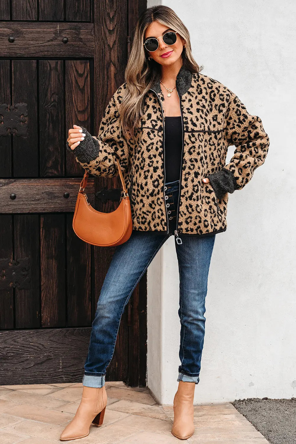 Khaki Leopard Print Zip Up Stand Neck Side Pocket Jacket Dear-Lover Dropshipping