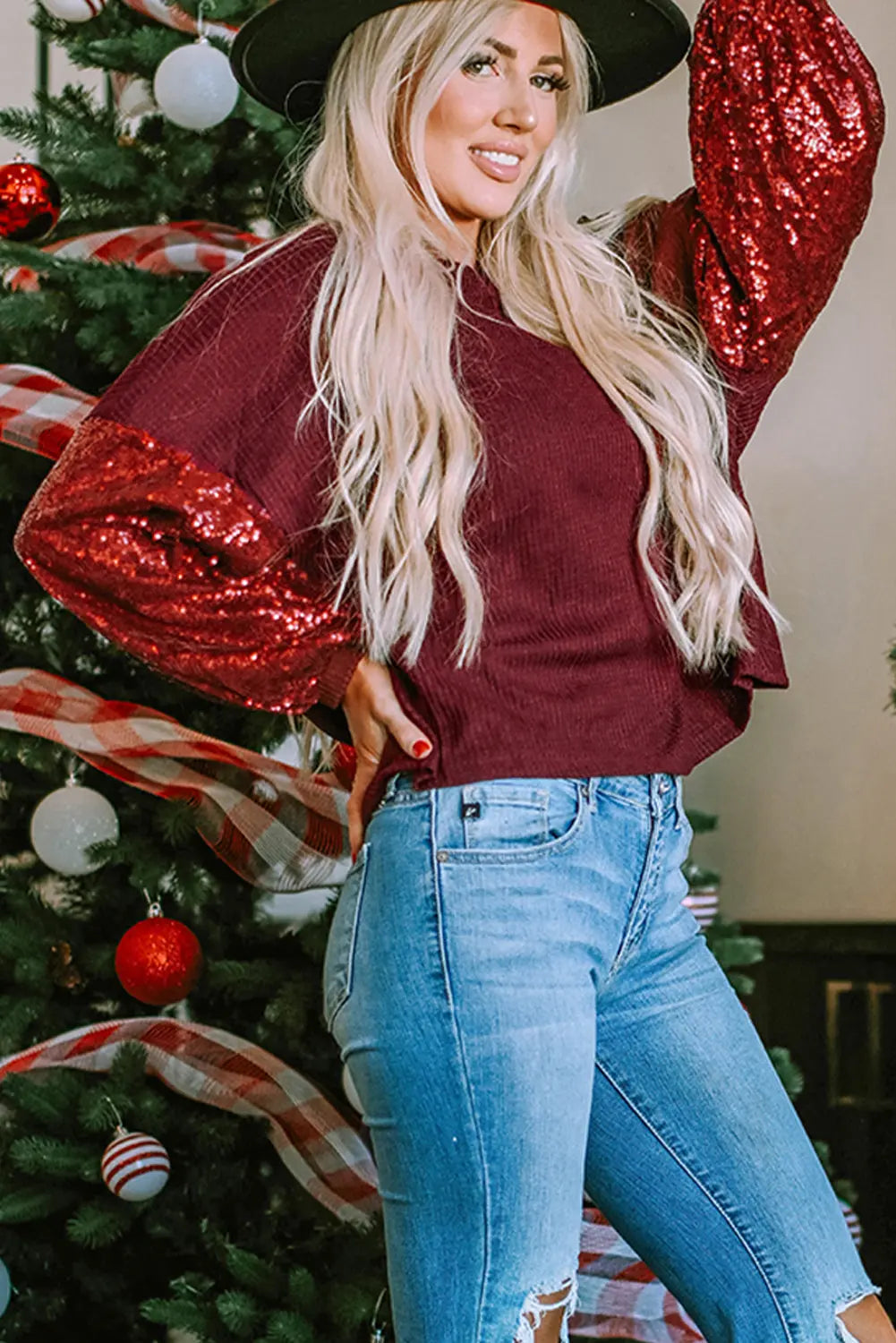 Burgundy Sequin Patchwork Sleeve Open Back Waffle Knit Top Dear-Lover Dropshipping