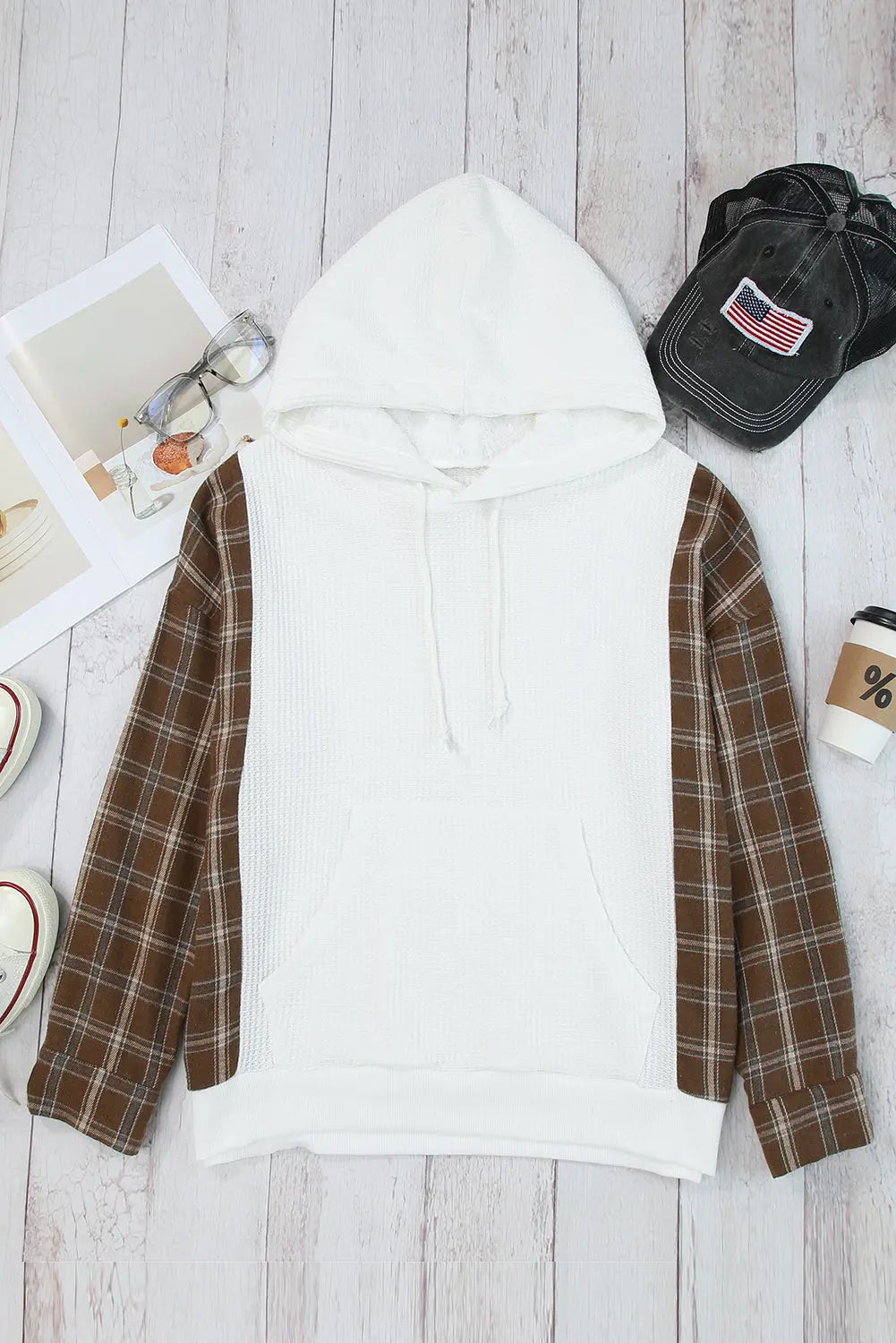 White Waffle Patch Plaid Sleeve Kangaroo Pocket Hoodie Dear-Lover Dropshipping