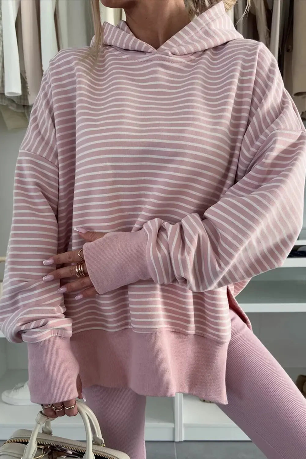 Purple Stripe Thumbhole Side Slits Drop Shoulder Loose Fit Hoodie Dear-Lover Dropshipping