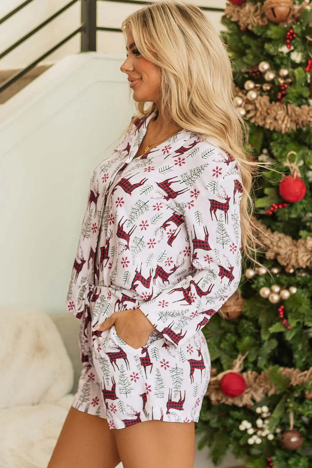White Christmas Deer Printed Shirt and Shorts Lounge Set Dear-Lover Dropshipping