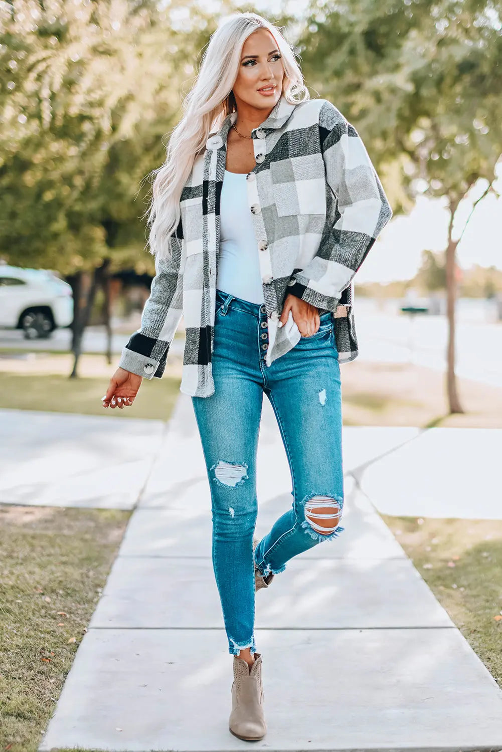 Gray Plaid Color Block Buttoned Long Sleeve Jacket with Pocket Dear-Lover Dropshipping