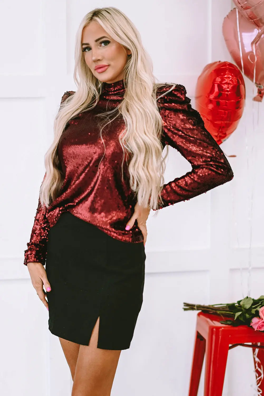 Burgundy Sequin Mock Neck Bubble Sleeve Top Dear-Lover Dropshipping