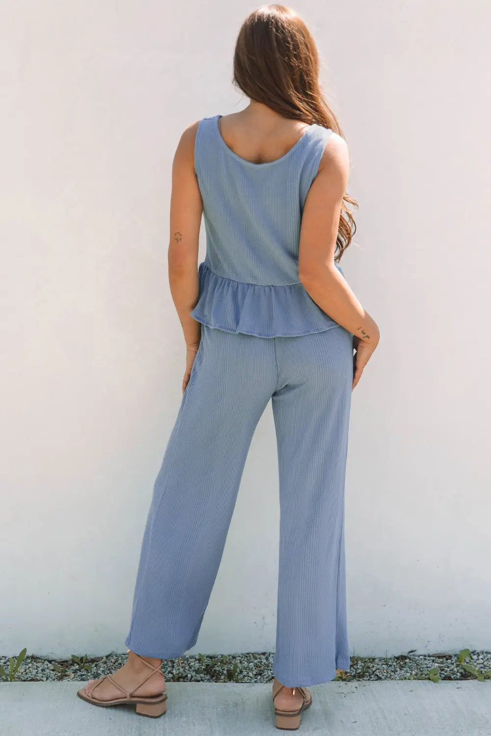 Beau Blue Solid Color Ribbed Ruffle Tank Top and Pants Set Dear-Lover Dropshipping