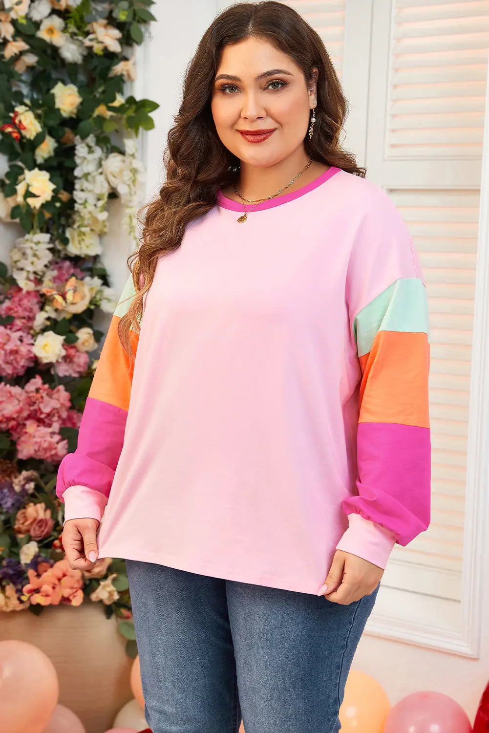 Pink Colorblock Patchwork Long Sleeve Plus Size Top Dear-Lover Dropshipping