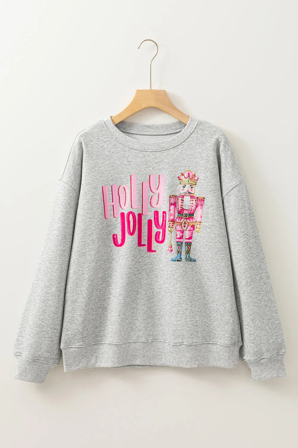Gray HOLLY JOLLY Nutcracker Print Crew Neck Christmas Sweatshirt Dear-Lover Dropshipping