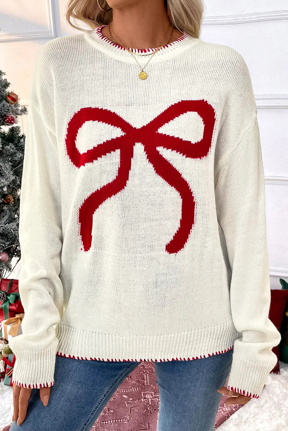 White Bow Pattern Contrast Trim Christmas Loose Graphic Sweater Dear-Lover Dropshipping