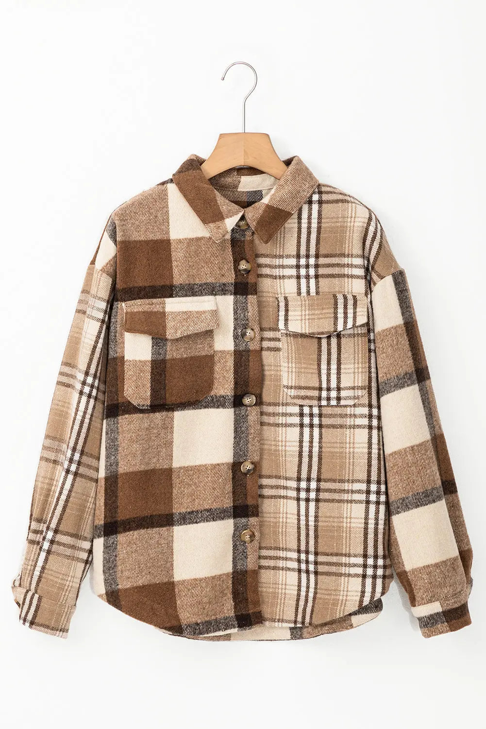 Light French Beige Flannel Plaid Double Flap Pocket Shacket Dear-Lover Dropshipping