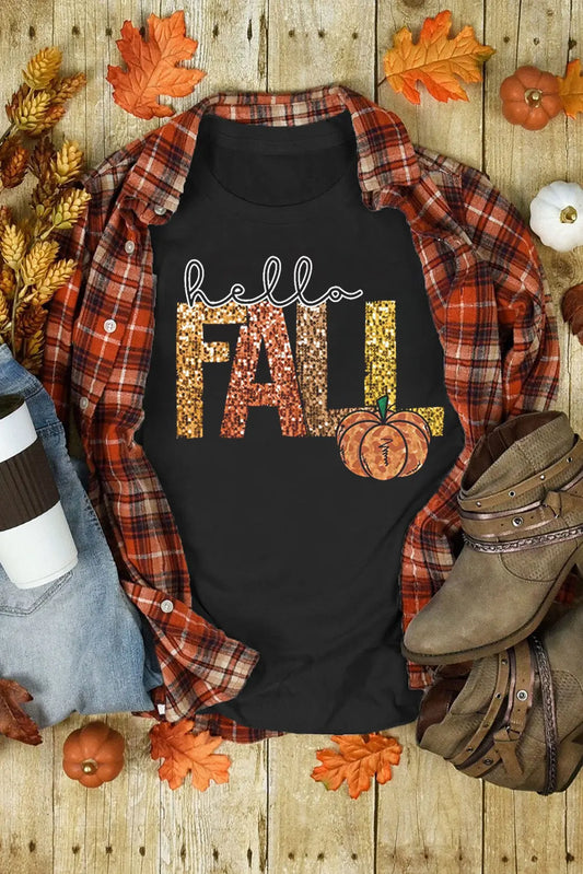 Black Hello Fall Letter Pumpkin Printed Thanksgiving T Shirt Dear-Lover Dropshipping