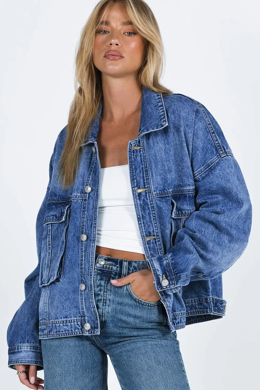 Blue Chest Pockets Drop Shoulder Loose Denim Jacket Dear-Lover Dropshipping