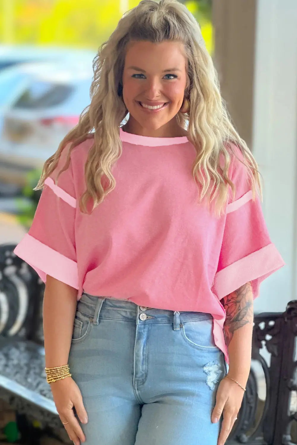 Peach Blossom Two Tones Patchwork Half Sleeve Plus Size T Shirt Dear-Lover Dropshipping