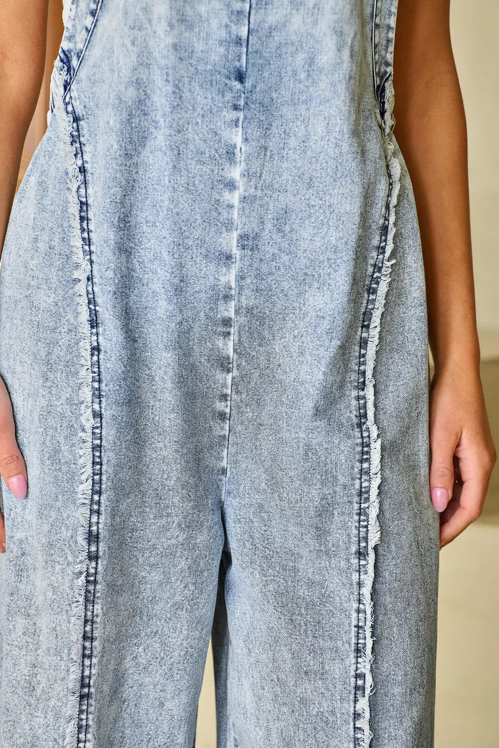 Beau Blue Light Wash Frayed Exposed Seam Wide Leg Denim Overall Dear-Lover Dropshipping