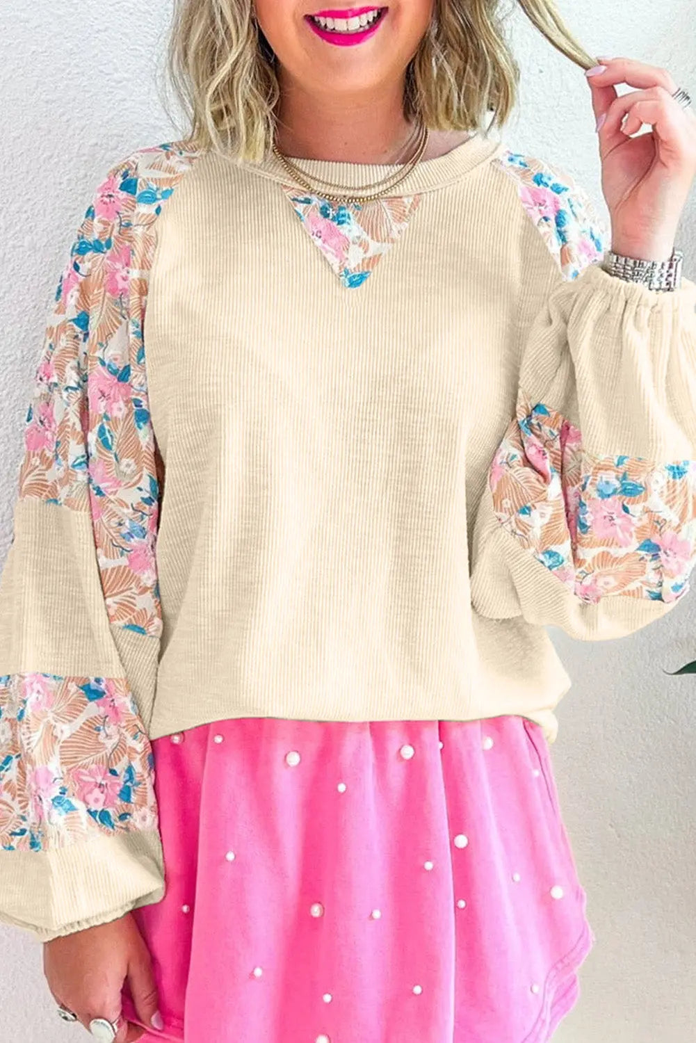 Apricot Textured Floral Patchwork Balloon Sleeve Blouse Dear-Lover Dropshipping