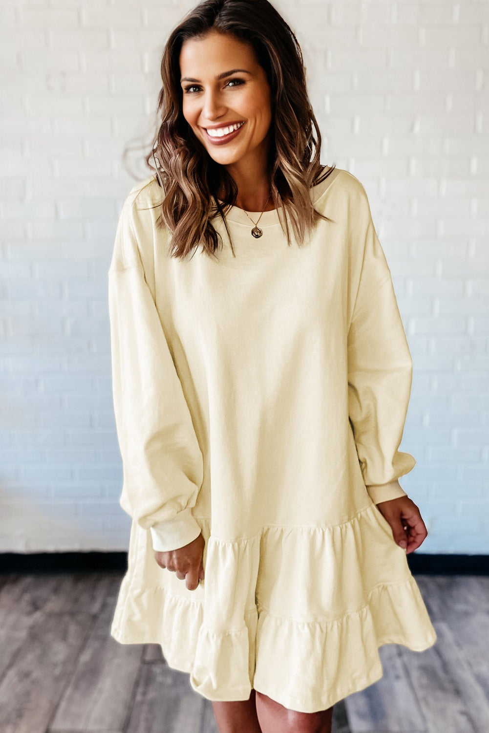Beige Double Tiered Ruffle Hem Long Sleeve Loose Mini Dress