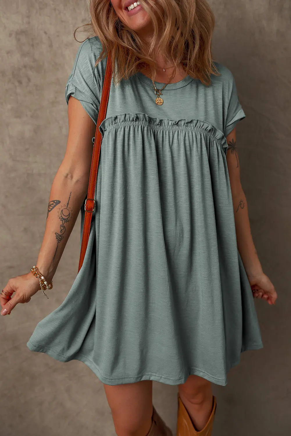 Mist Green Frilled Gathered Seam Round Neck T Shirt Dress Dear-Lover Dropshipping