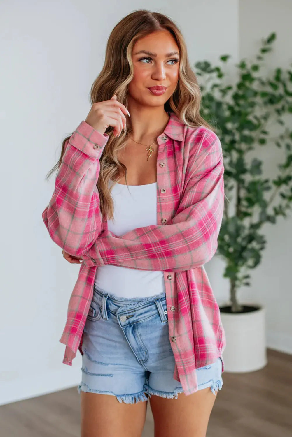 Sachet Pink Plaid Print Rounded Hem Long Sleeve Shirt with Pockets Dear-Lover Dropshipping