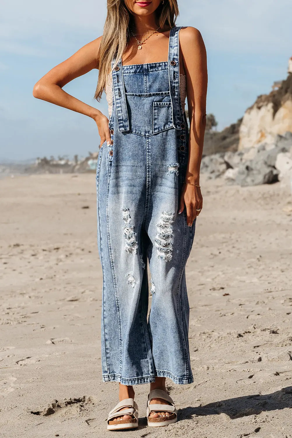 Stone Blue Distressed Bib Pocket Wide Leg Denim Overall Dear-Lover Dropshipping